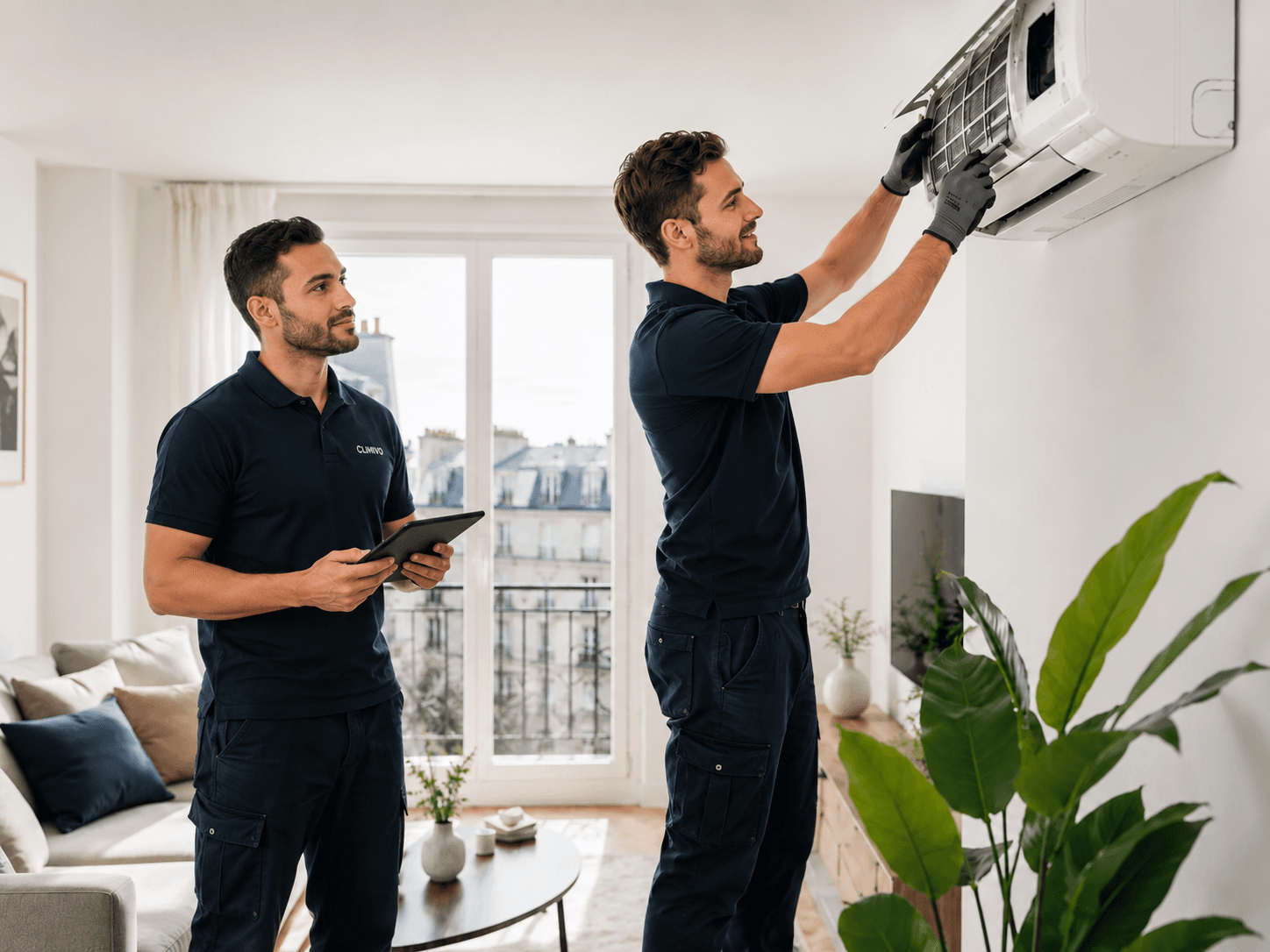 Deux techniciens Experts Clim intervenant sur une climatisation murale dans un appartement parisien
