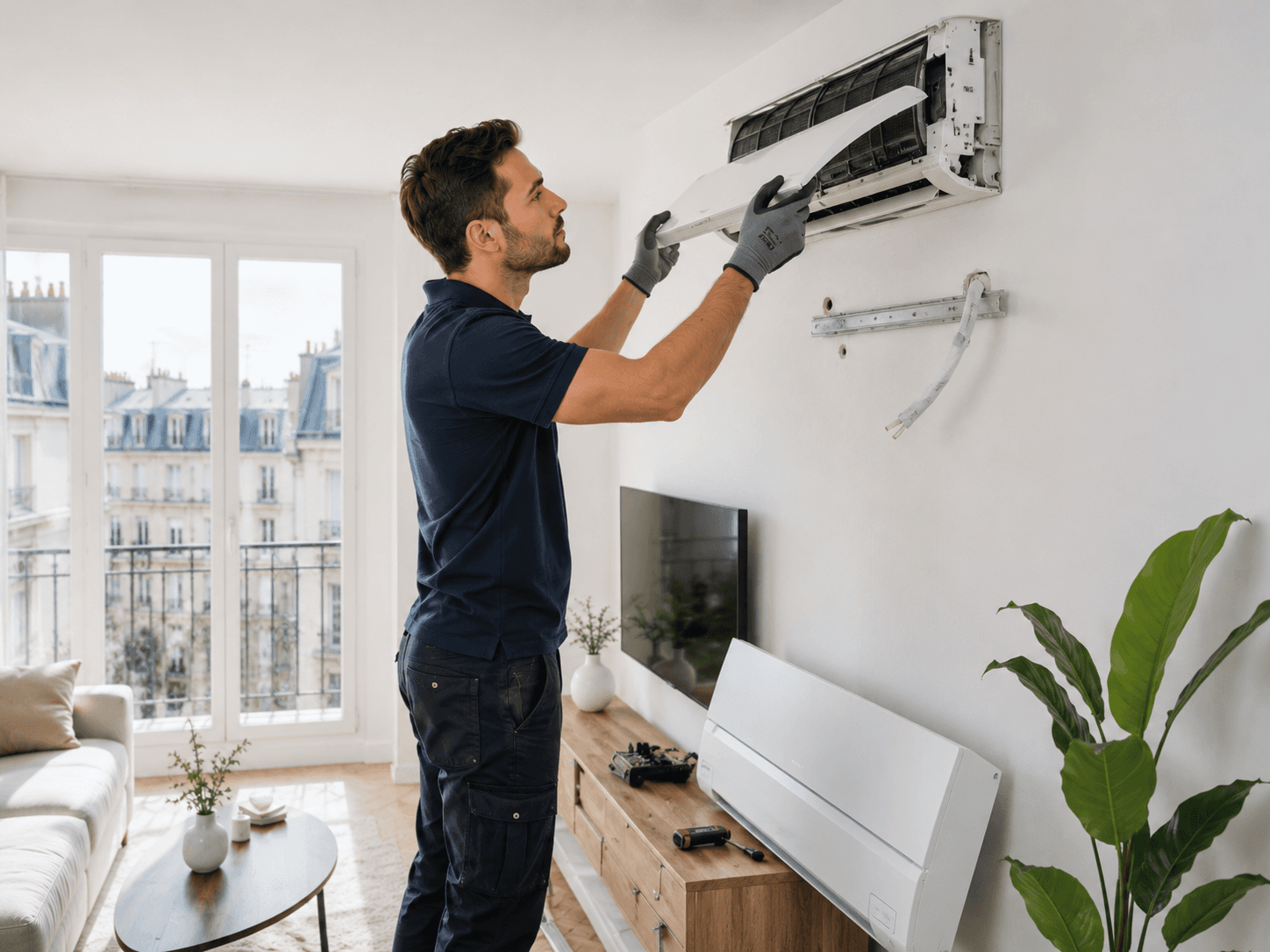 Technicien déposant une ancienne climatisation avant l'installation du nouveau modèle