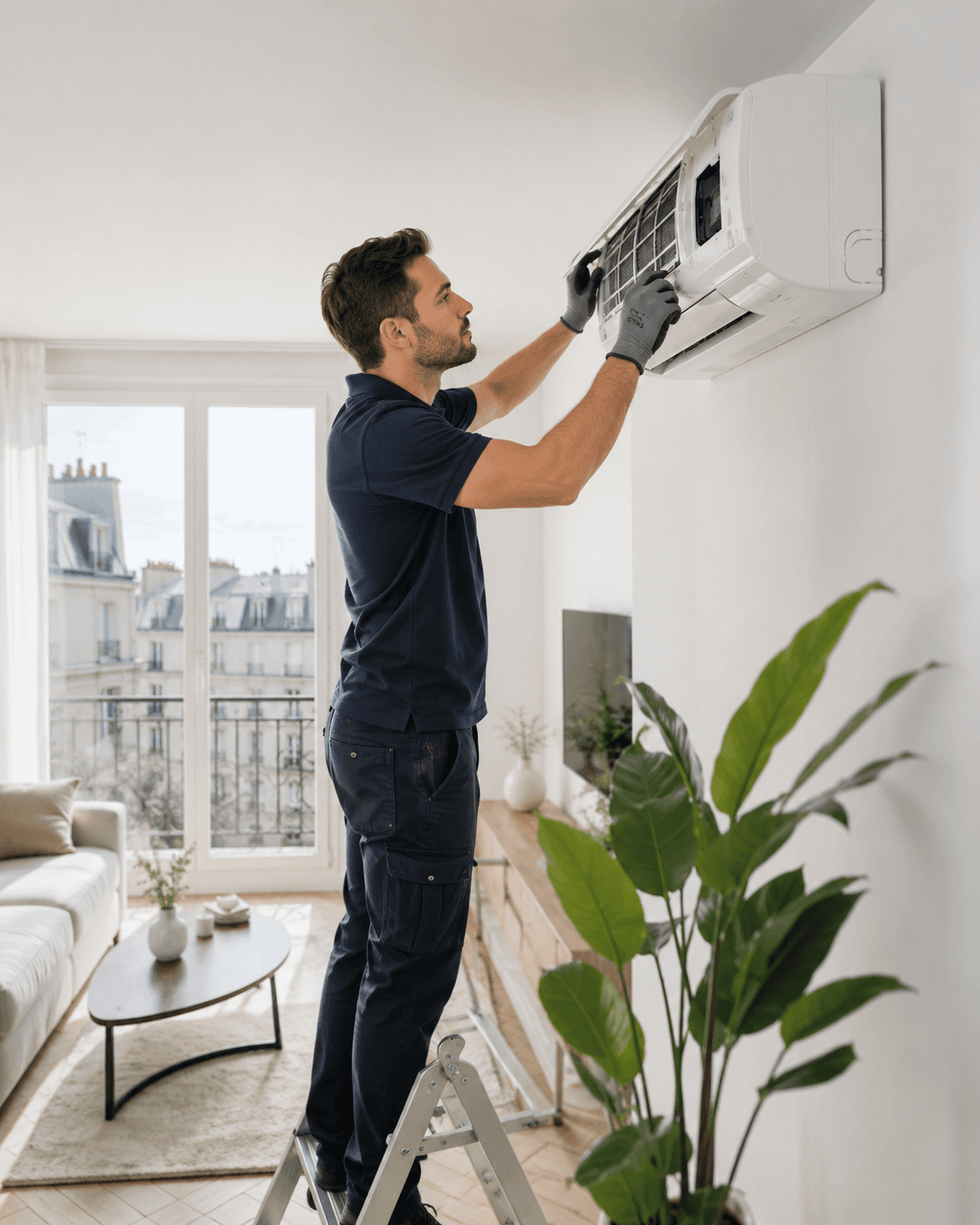 Technicien Experts Clim installant une unité intérieure de climatisation dans un séjour