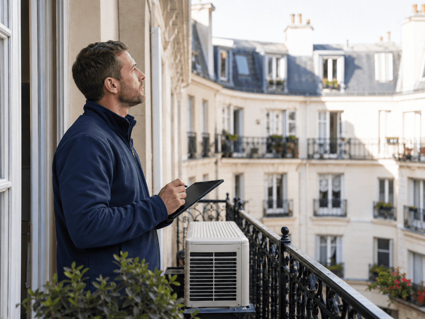 Technicien étudiant l'emplacement d'une unité extérieure sur le balcon d'un immeuble haussmannien