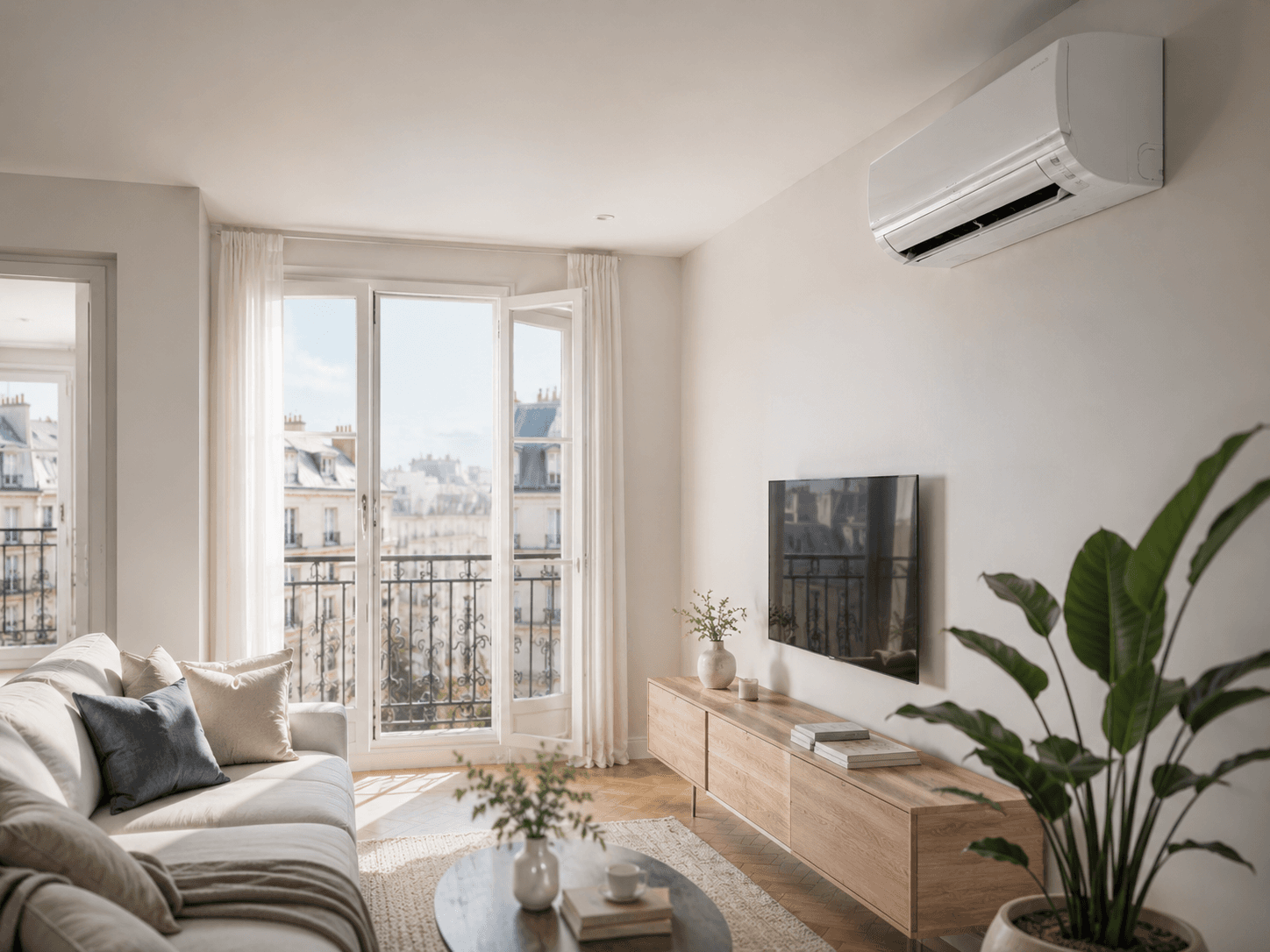 Climatisation réversible murale dans un séjour lumineux avec vue sur les toits parisiens
