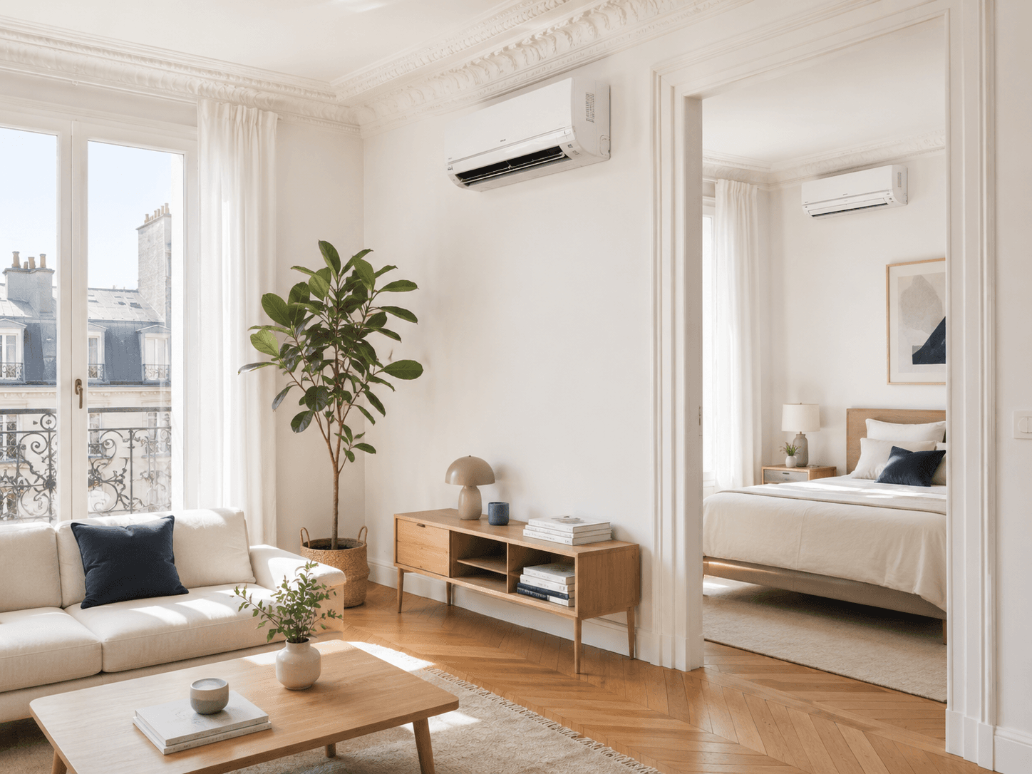 Installation multi-split : unités murales dans le séjour et la chambre d'un appartement haussmannien