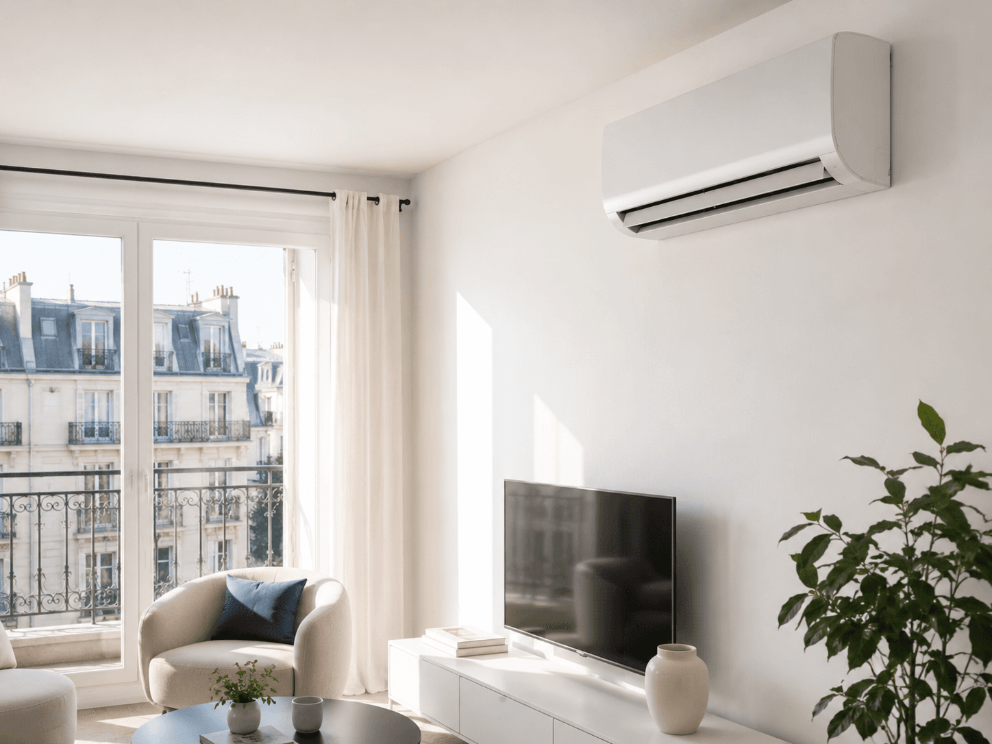 Climatiseur mural mono-split installé dans un salon d'appartement parisien