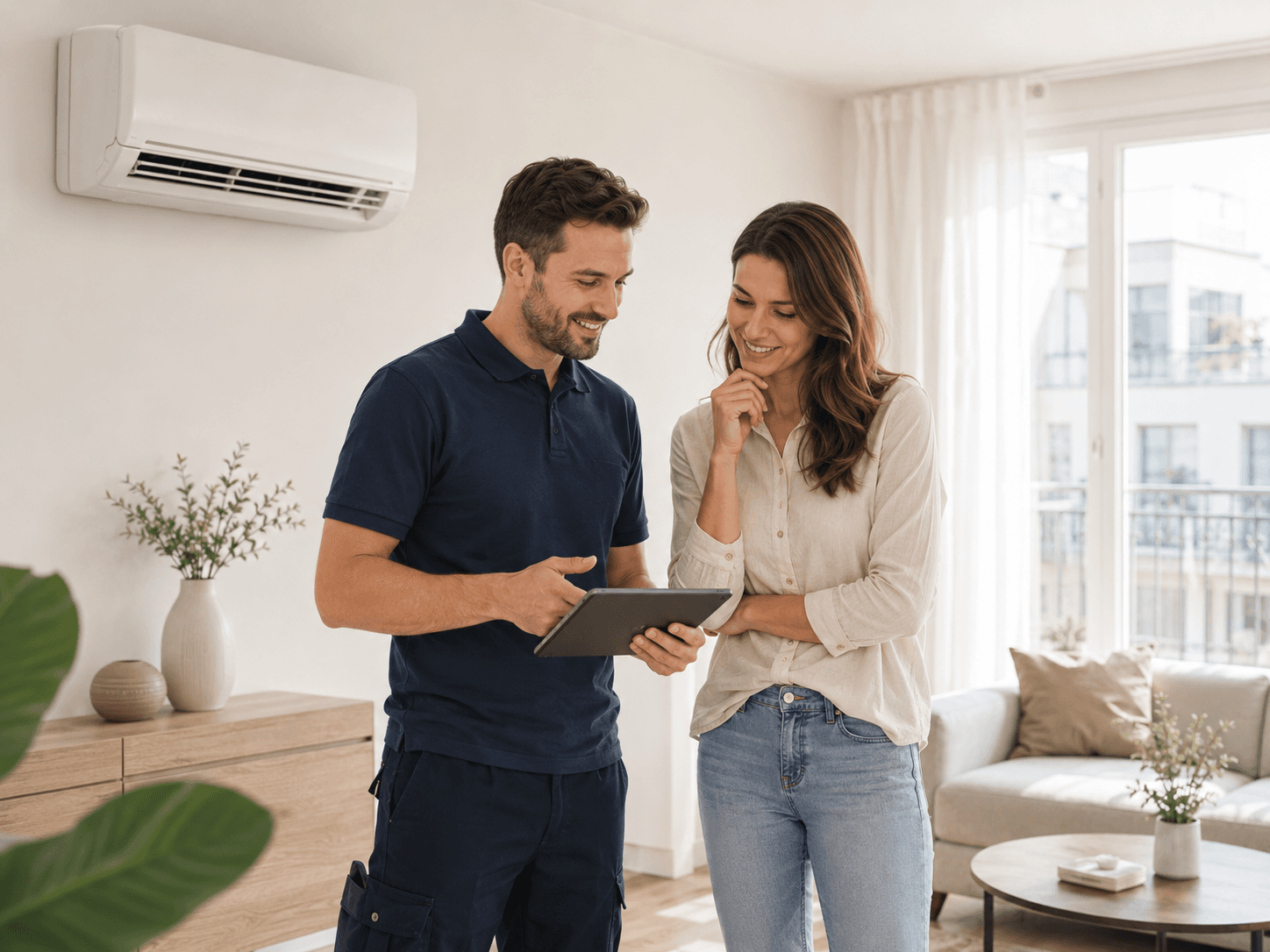 Technicien Experts Clim présentant l'installation terminée à une cliente dans son salon